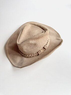 MINNETONKA Tan Ruff Distressed Leather Braided Wide Brimmed Outback Hat, Size M
